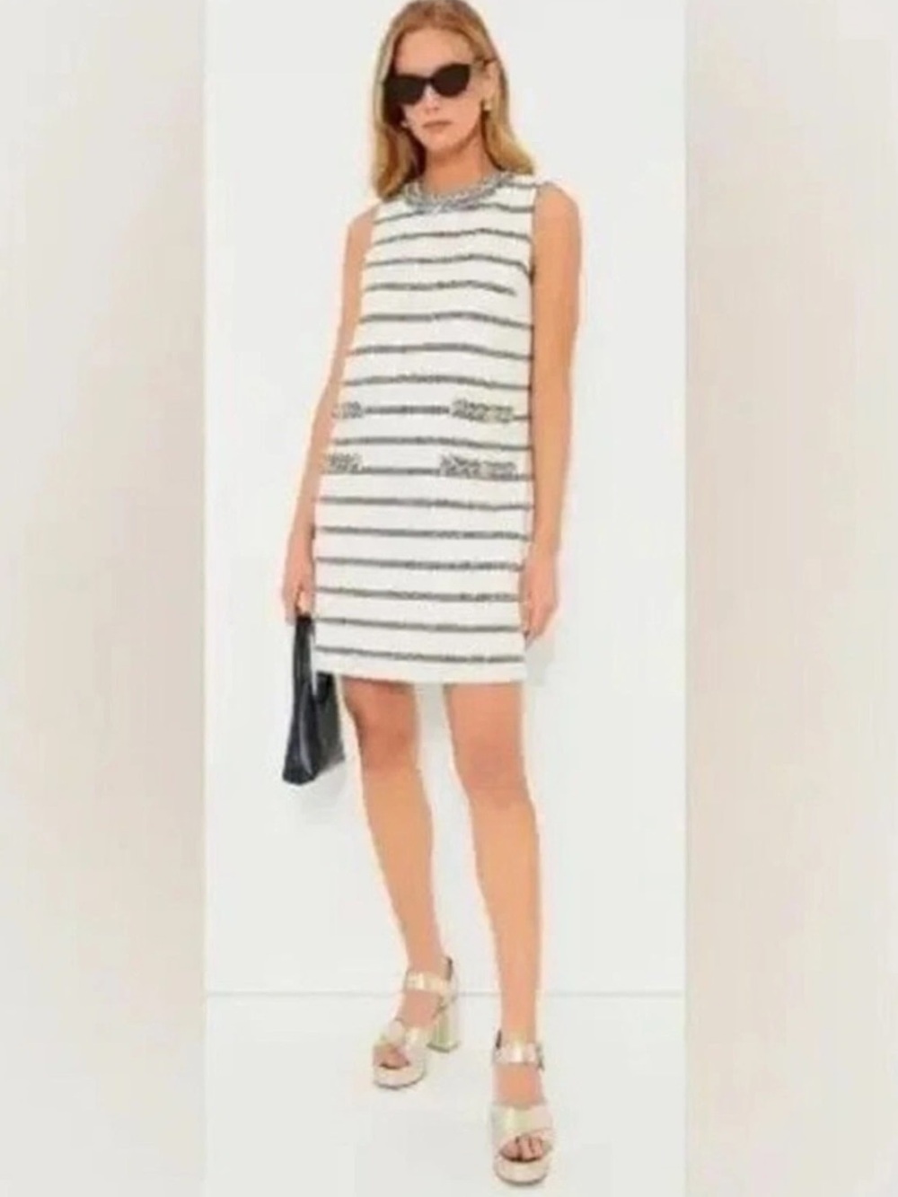 Tuckernuck White and Black Striped Sleeveless Tweed Shift Dress